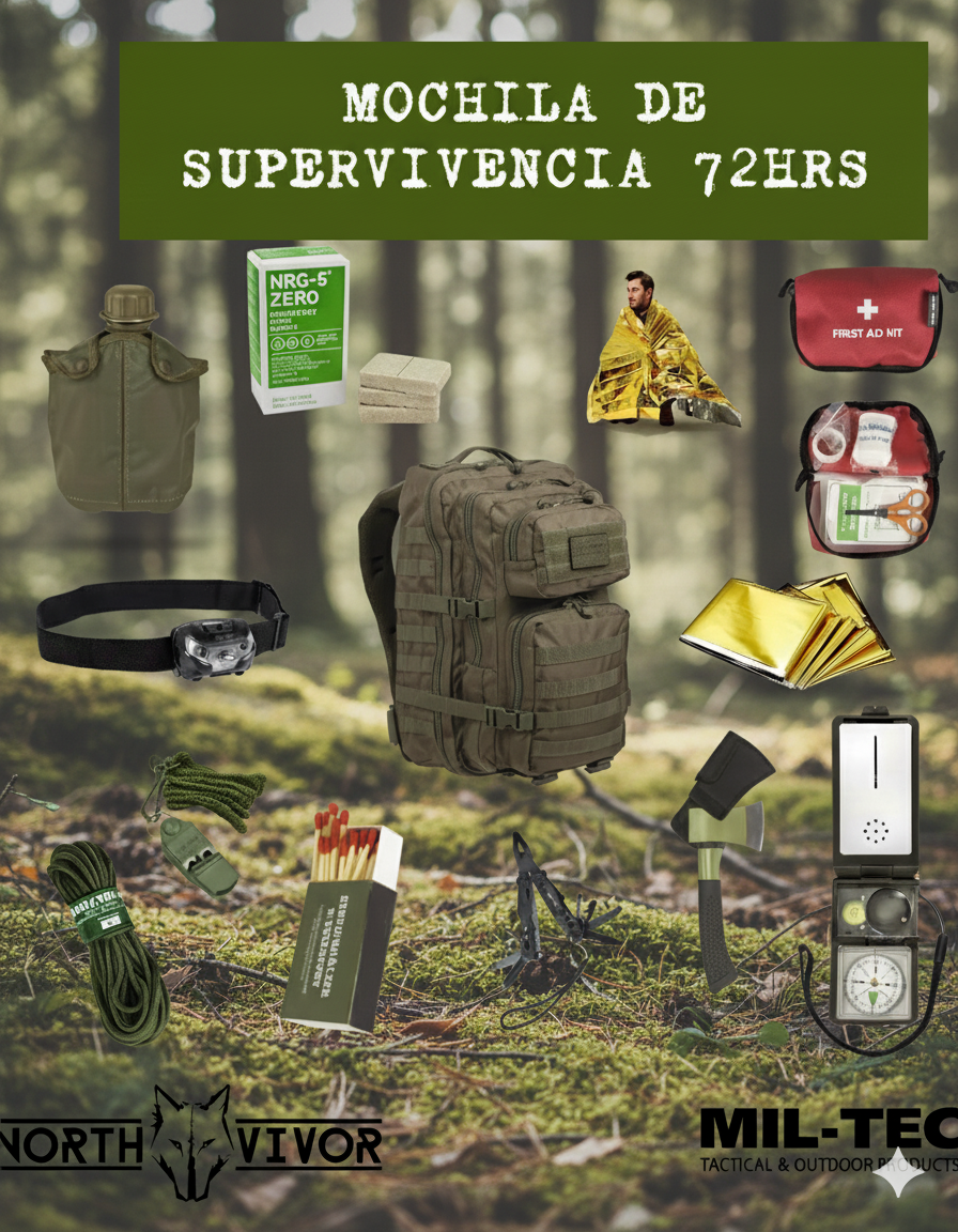 Mochila de Supervivencia 72 Horas Mil-Tec 36L – Kit Completo de Emergencia NorthVivor