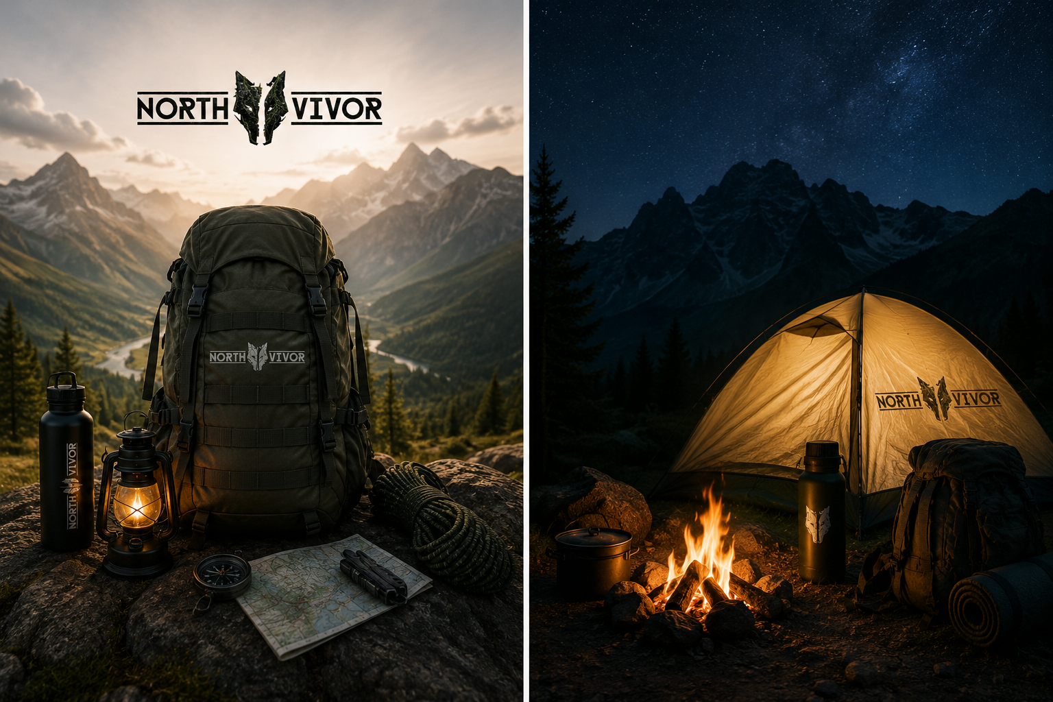 Tienda de campaña Northvivor iluminada bajo un cielo estrellado junto a una hoguera, con equipo de camping y supervivencia en la montaña