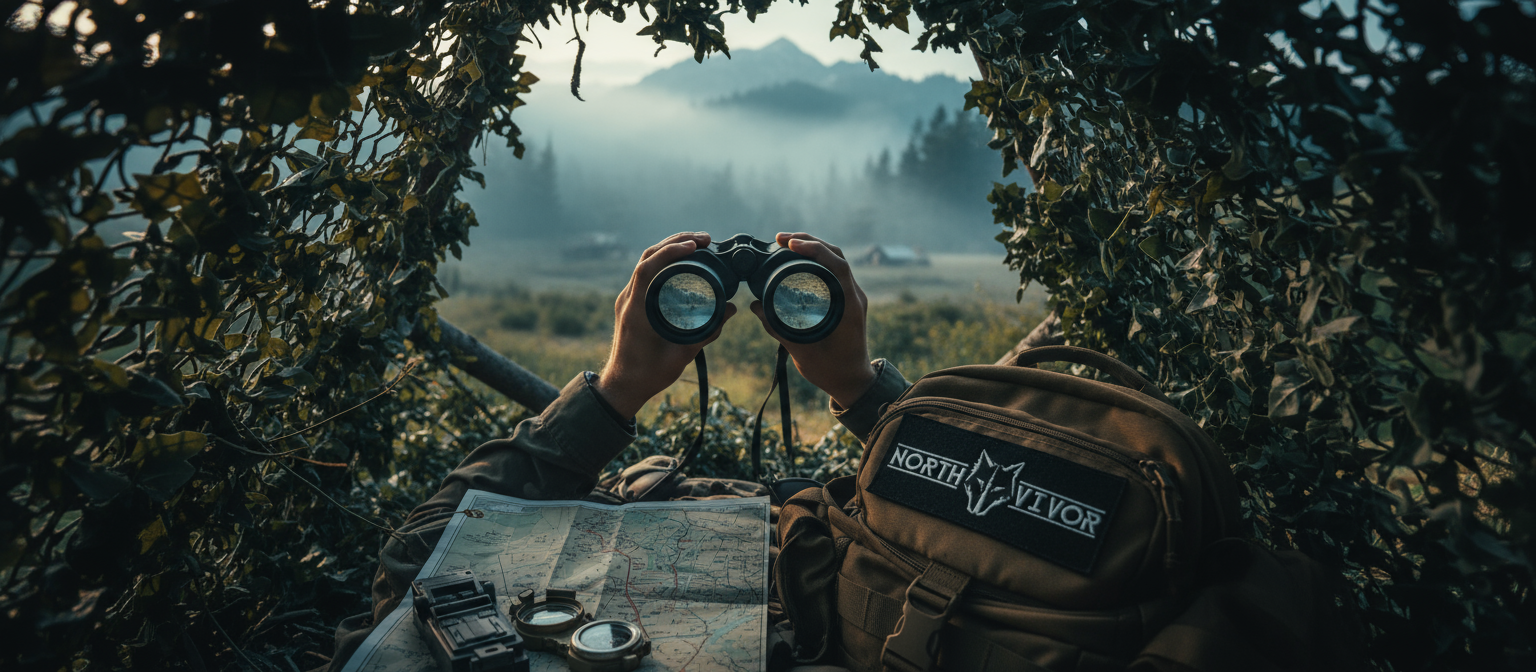Punto de observación estratégico con binoculares en el bosque - Concepto de preparación y supervivencia Northvivor