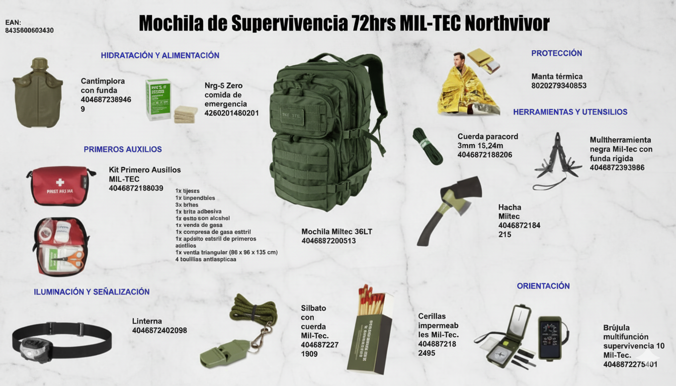 Mochila de Supervivencia 72 Horas Mil-Tec 36L – Kit Completo de Emergencia NorthVivor